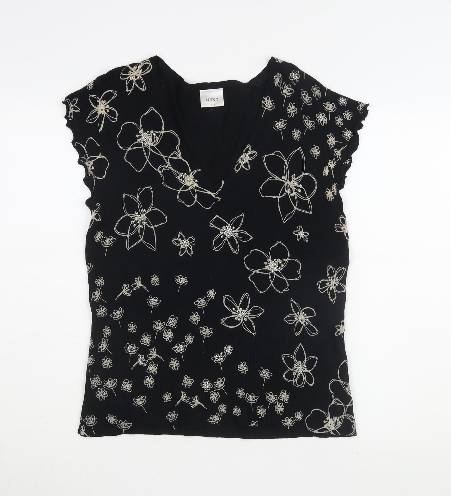 Next Women’s Black Floral V-Neck Jersey Top Size 16