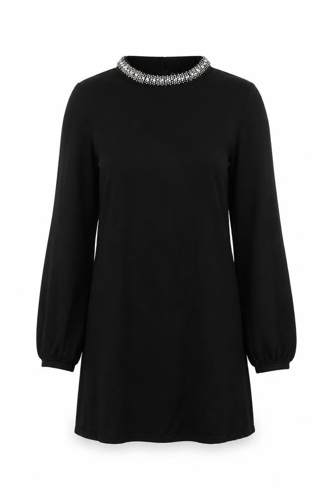 Front view of Warehouse Women's Black Shift Dress, size 12, Party