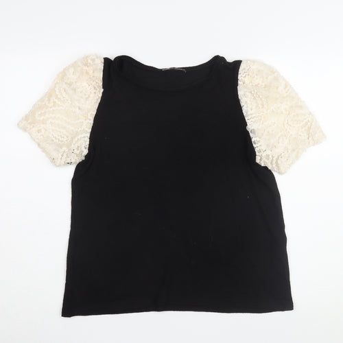 Zara Women's Black T-Shirt with Puff Sleeves - Size L