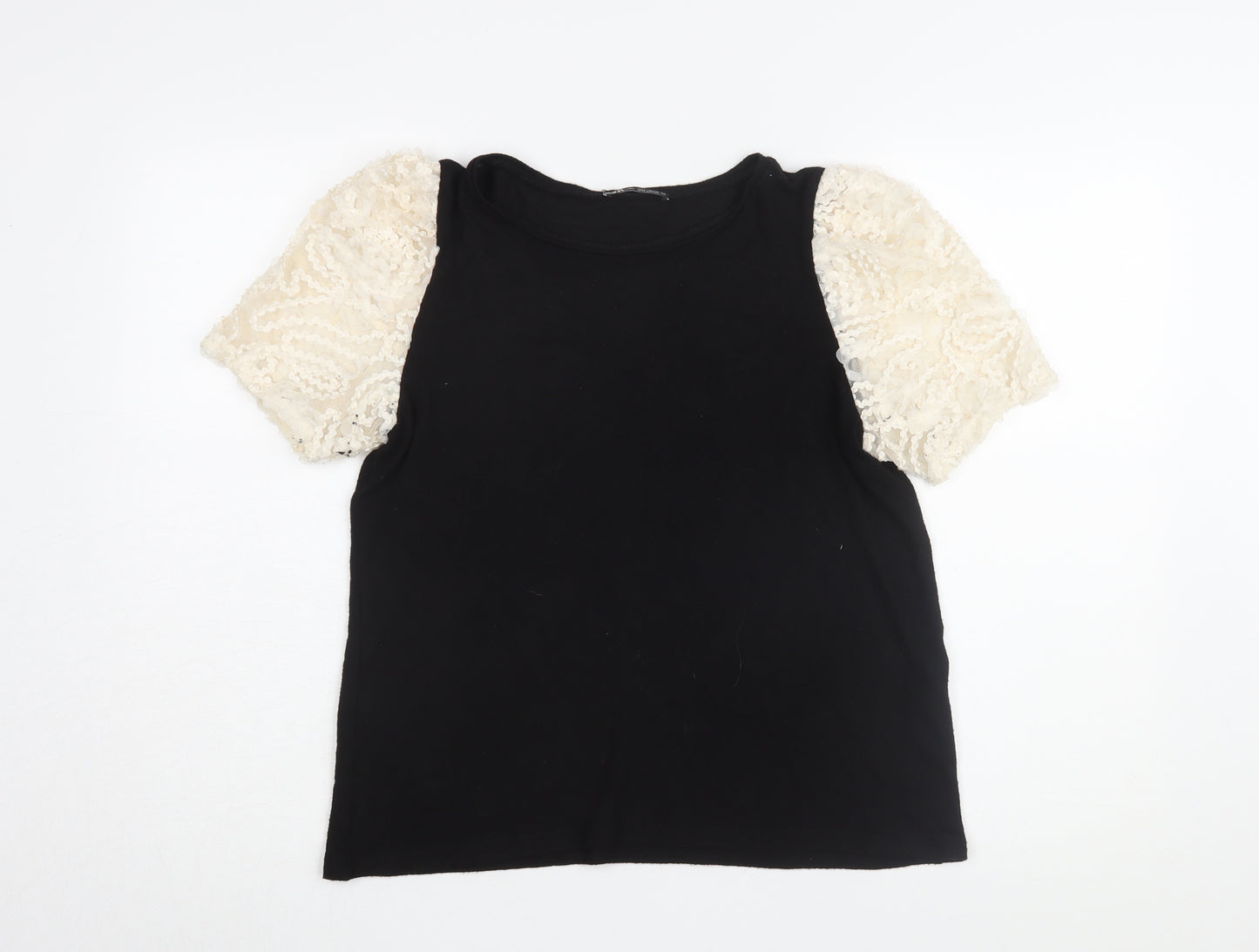 Zara Women's Black T-Shirt with Puff Sleeves - Size L