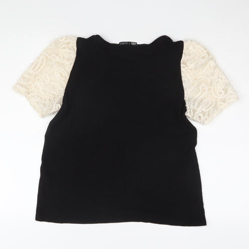 Zara Women's Black T-Shirt with Puff Sleeves - Size L