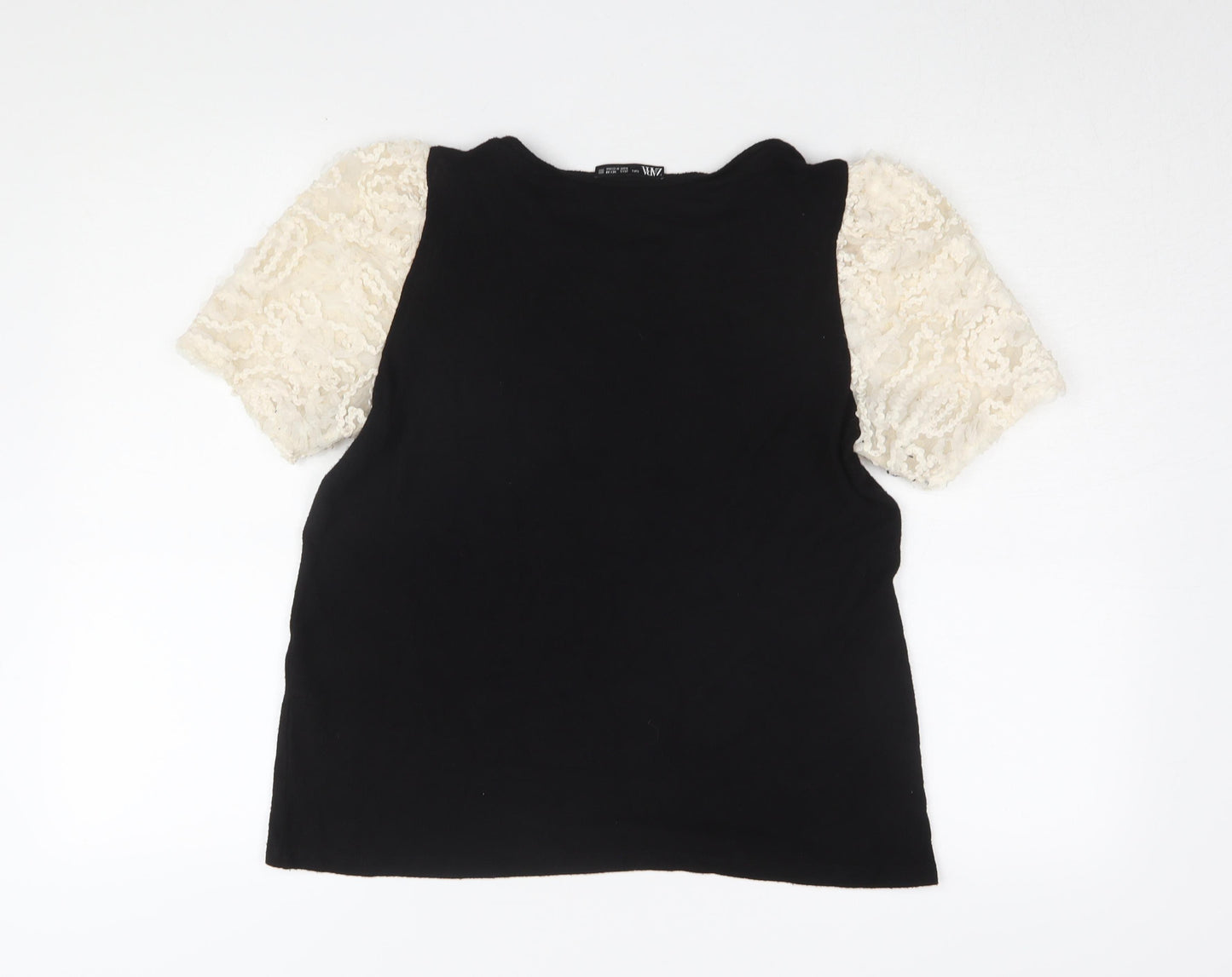 Zara Women's Black T-Shirt with Puff Sleeves - Size L