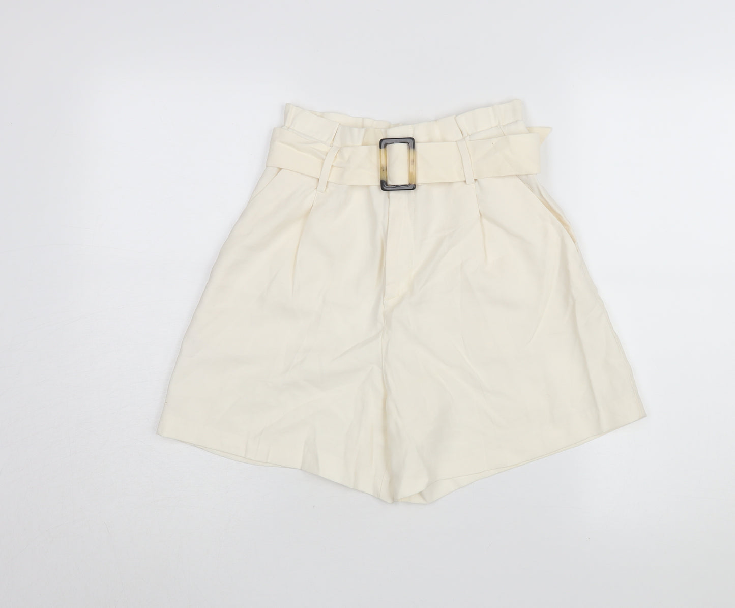 H&M Womens Ivory Paperbag Belted Shorts Size 8