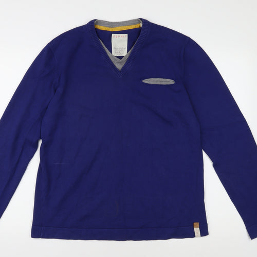 Esprit Men's Blue V-Neck Pullover Jumper XL