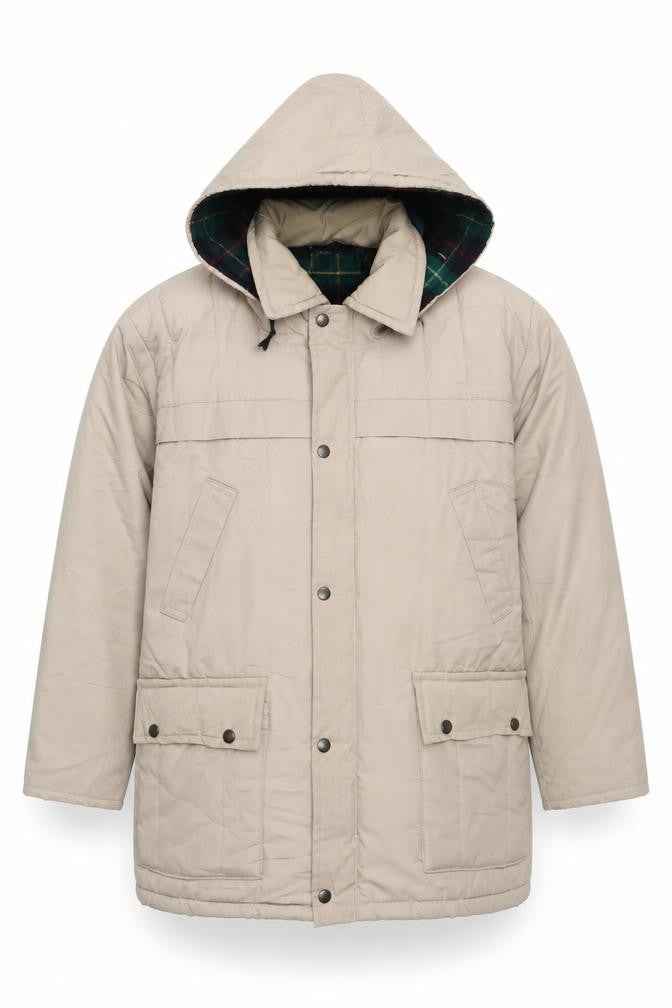 Front view of JB Outer Wear Men's Beige Hooded Parka Jacket, size M