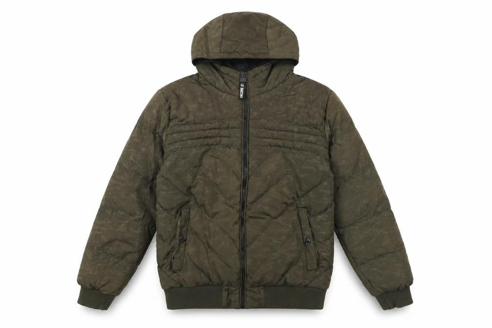 Front view of Lemon Beret boys’ green puffer jacket uk 8 hooded