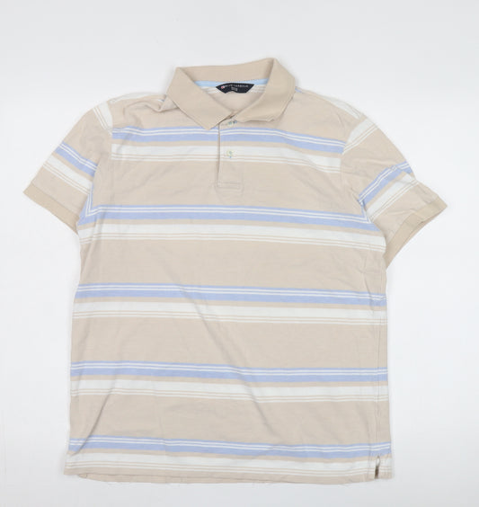 Marks and Spencer Men's Beige Striped Polo Shirt Medium