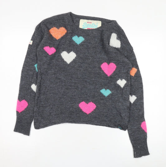 SuperDry Women's Grey Heart Pattern Pullover Jumper - S