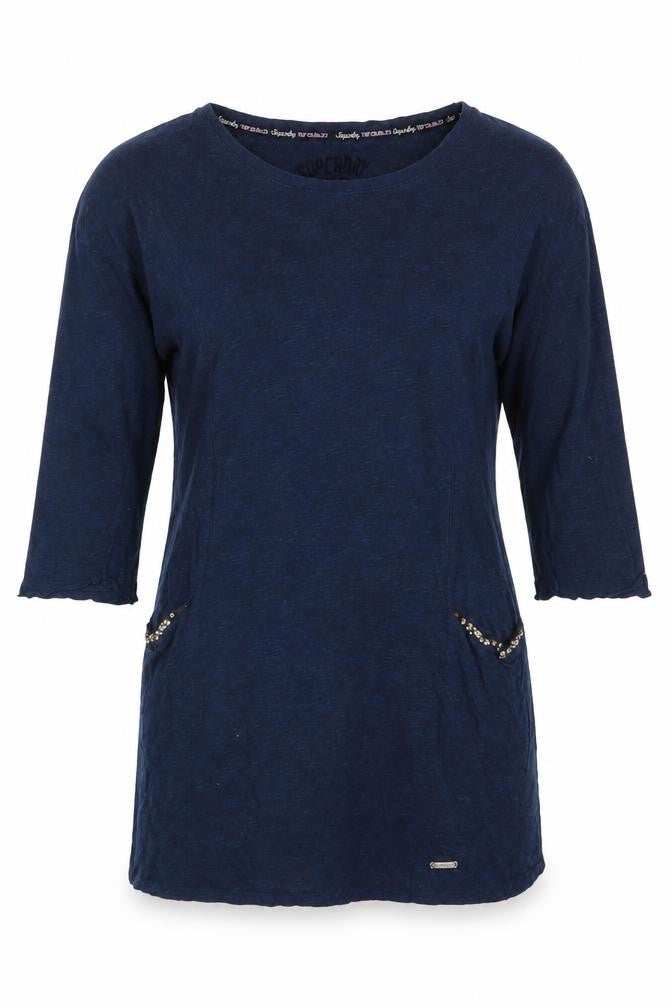 Front view of Superdry Women's Blue T-Shirt, S, 3/4 Sleeve, Sequin Accent