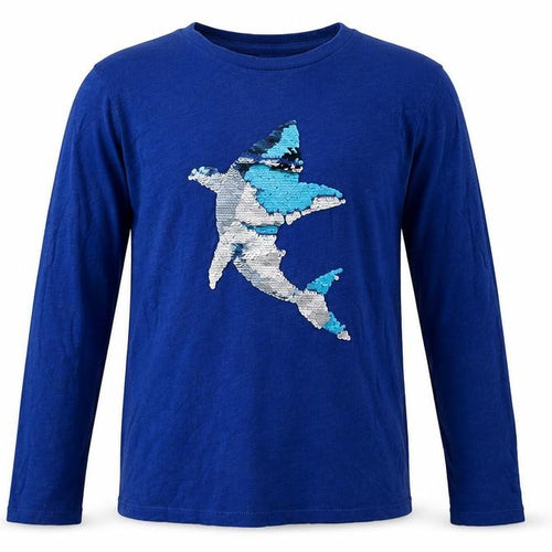 Gap Boys Blue XL Sequin Shark Graphic Long Sleeve T-Shirt