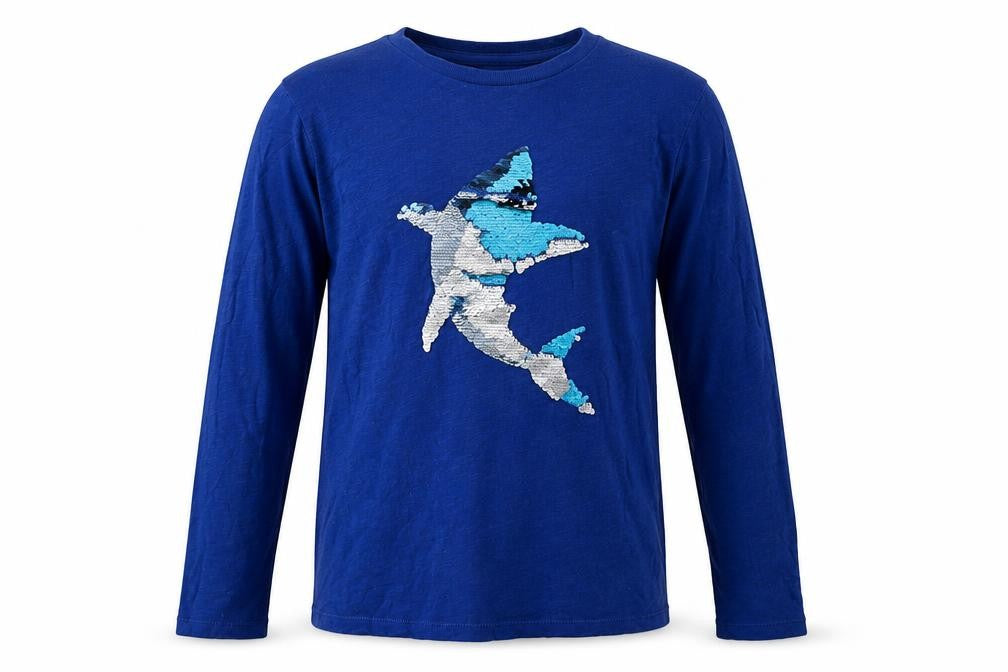 Gap Boys Blue XL Sequin Shark Graphic Long Sleeve T-Shirt