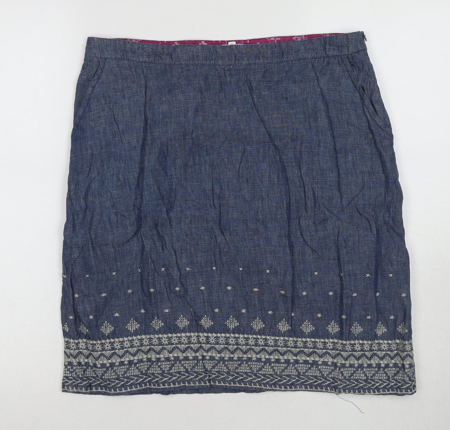 Nettle Firth Women's Blue Linen Embroidered Skirt, Size 12