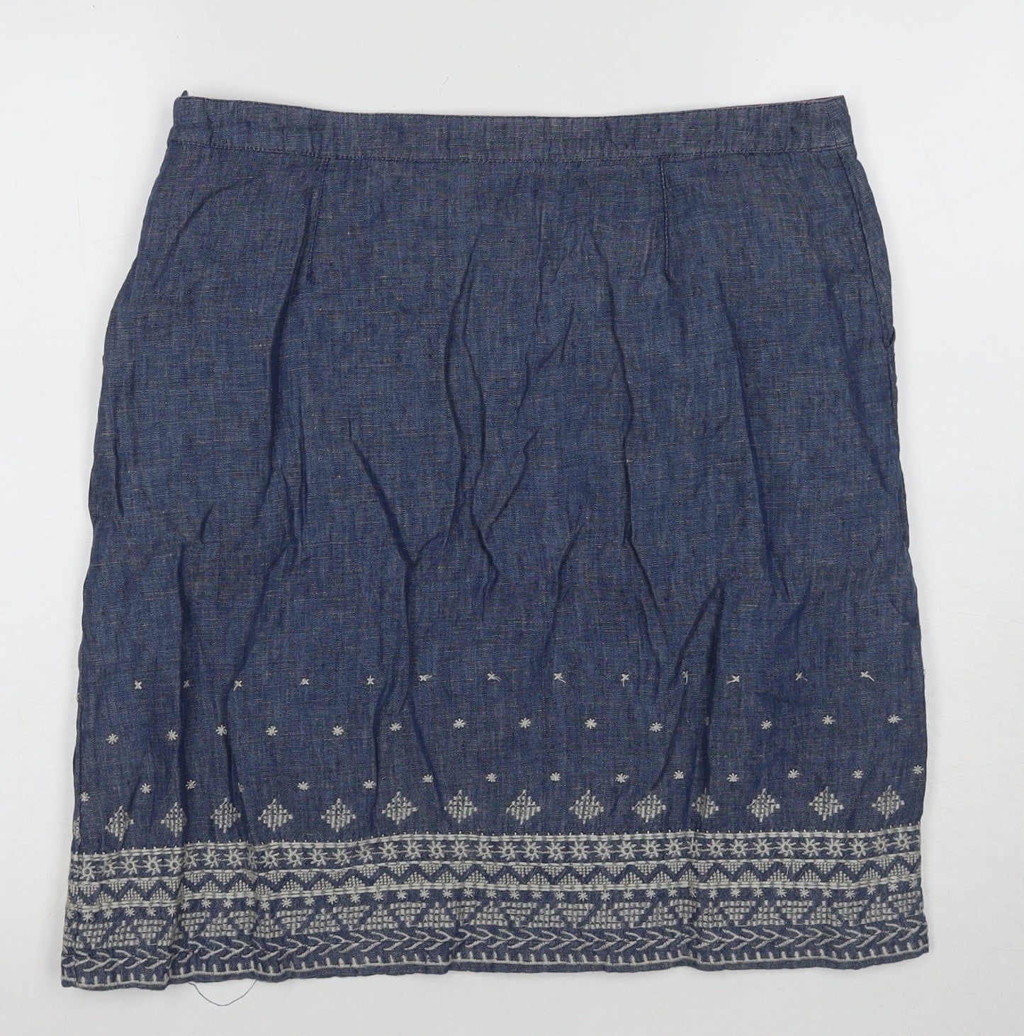 Nettle Firth Women's Blue Linen Embroidered Skirt, Size 12