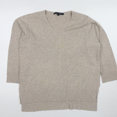 French Connection Women's Beige V-Neck Jumper, S, 3/4 Sleeve