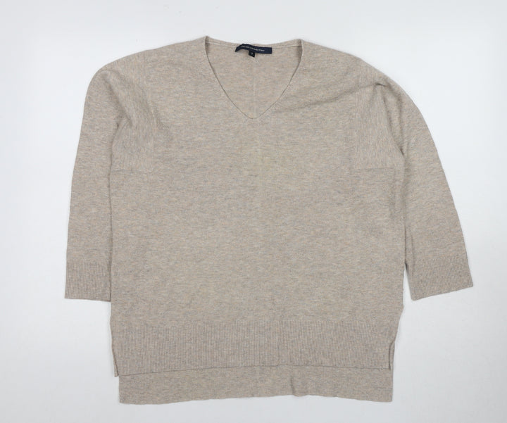 French Connection Women's Beige V-Neck Jumper, S, 3/4 Sleeve