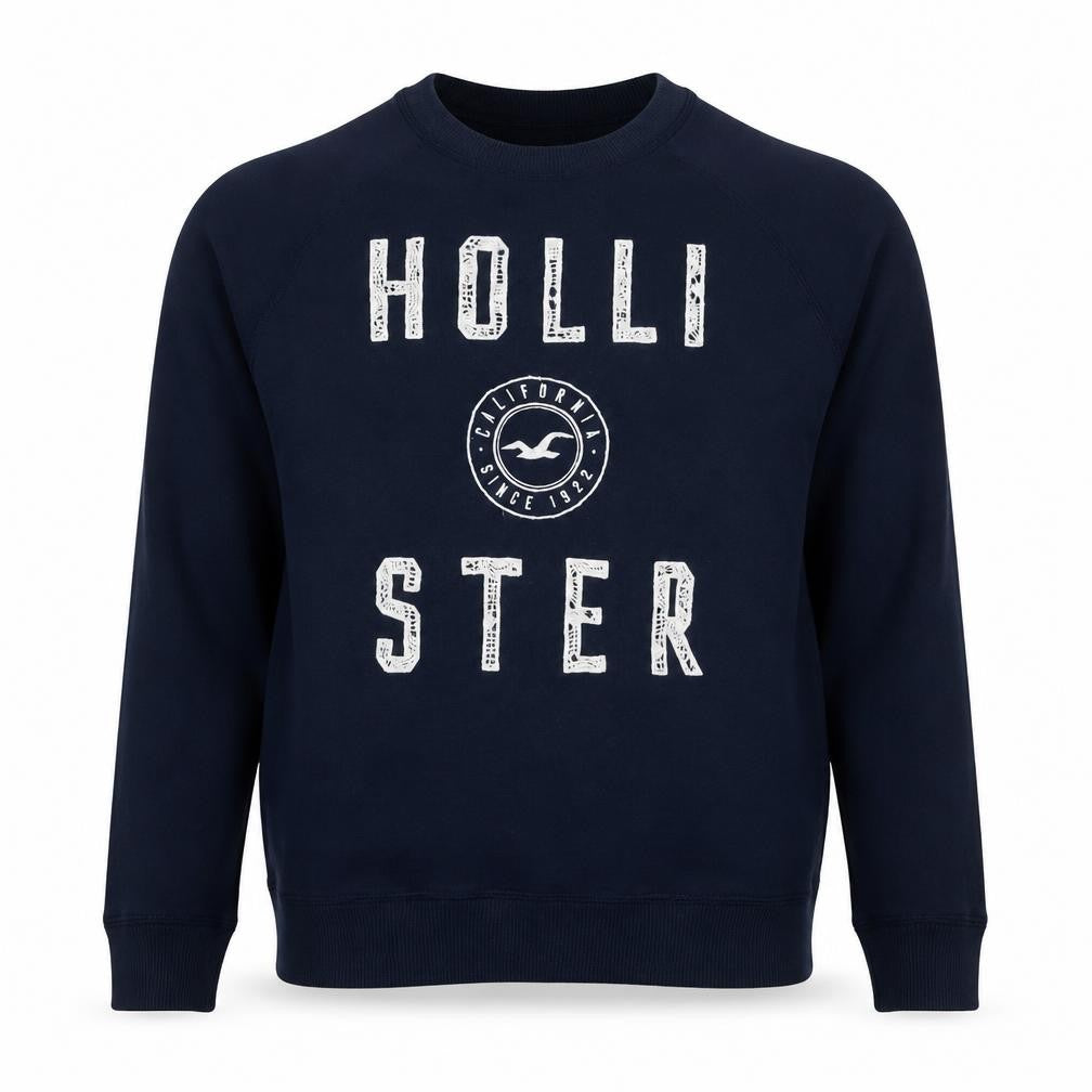Front view of Hollister Men's Blue Graphic Pullover Sweatshirt S