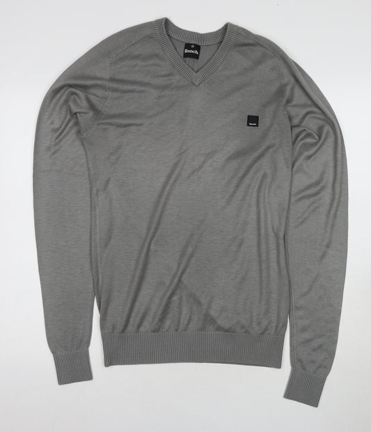 Bench Men's Grey V-Neck Pullover Jumper, M, Logo Accent