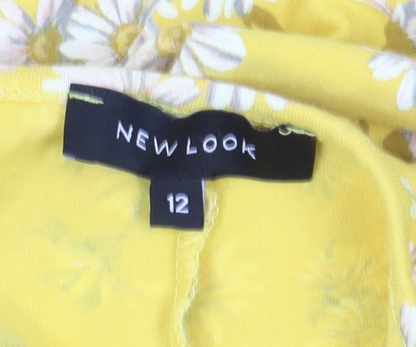 New Look Women's Yellow Floral A-Line Dress - Size 12