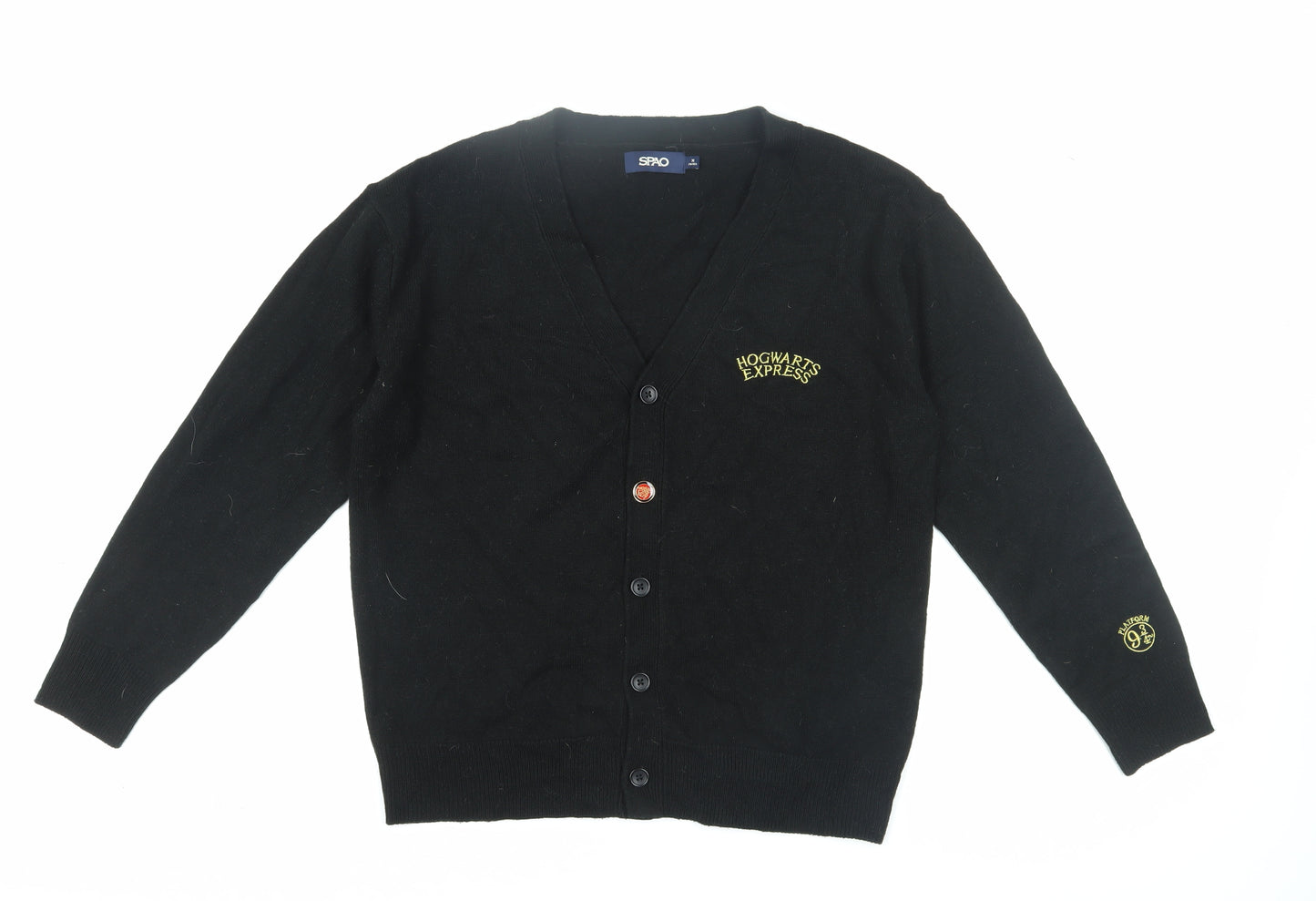 SPAO Unisex Black Cardigan, M, V-Neck, Hogwarts Embroidery