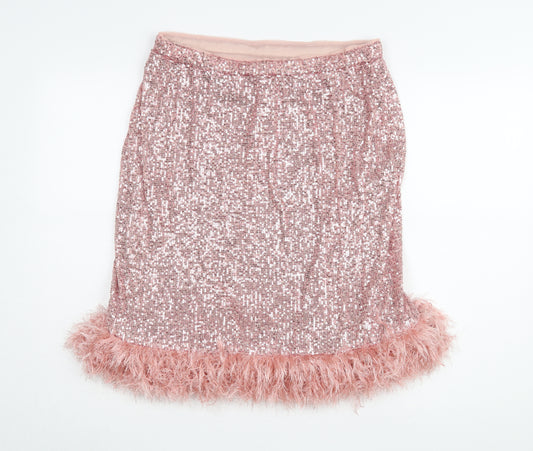 Jaded Rose Pink Sequin Fur Trim Pencil Skirt, Size 18