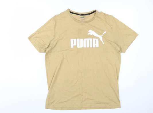 Puma Men's Beige Logo T-Shirt, Size M, Short Sleeve