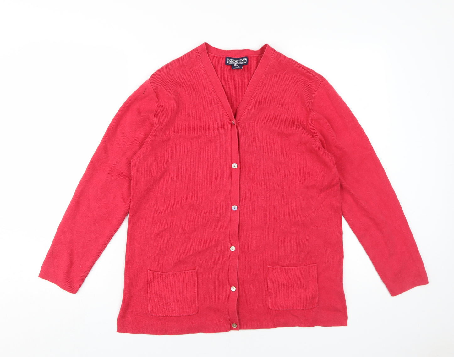 Lands' End Womens Red Cardigan M V-Neck Classic