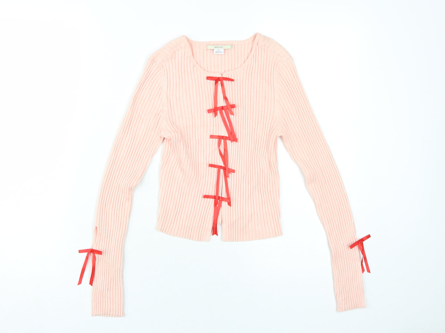 Kimchi Blue Women's Pink Cropped Knit Bow Blouse Small