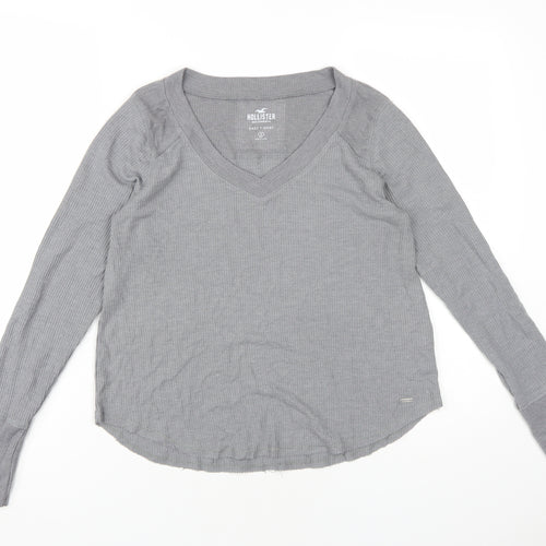 Hollister Women Grey Long Sleeve Jersey V-Neck T-Shirt