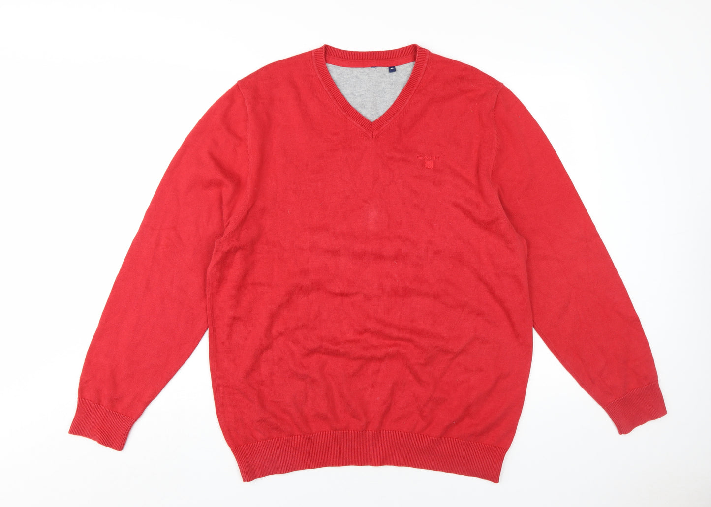 GANT Men's Red XL V-Neck Pullover Cotton Jumper
