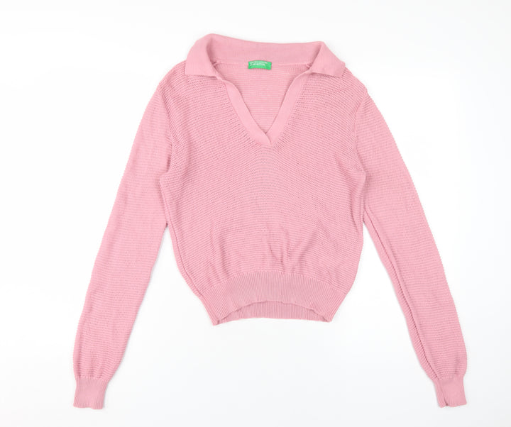 United Colors of Benetton Women's Pink Cotton V-Neck Collared Knit Jumper Size XS