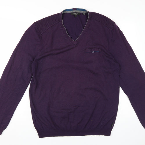 Ted Baker Men's Purple Wool Cashmere V-Neck Jumper Size 10