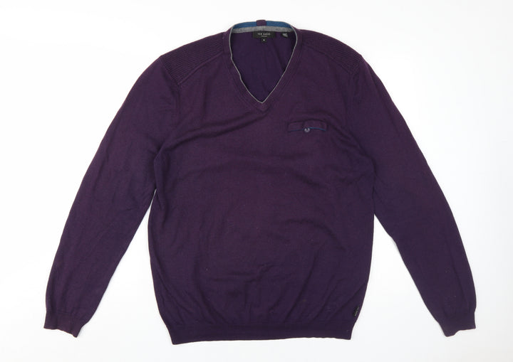 Ted Baker Men's Purple Wool Cashmere V-Neck Jumper Size 10