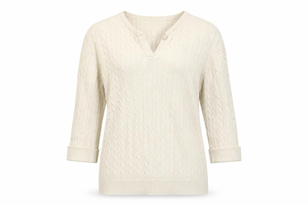 Front view of Happy D Women's Ivory Cable Knit jumper L