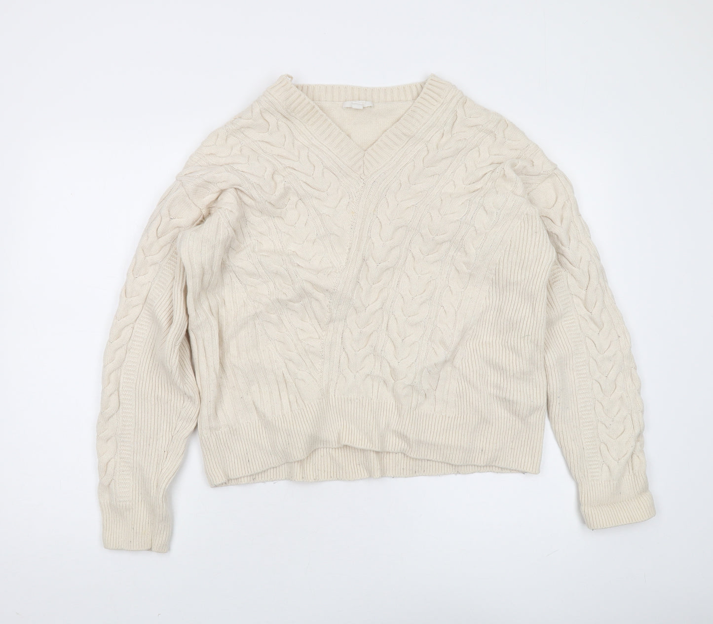 COS Women's Ivory Wool Cable-Knit V-Neck Jumper M