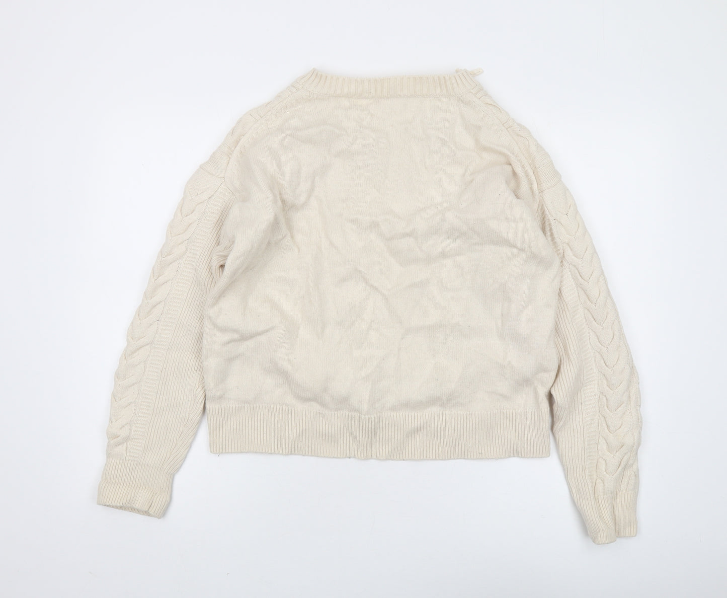 COS Women's Ivory Wool Cable-Knit V-Neck Jumper M