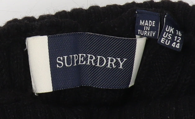 Superdry Women's Black Roll Neck Cable-Knit Jumper Size 16