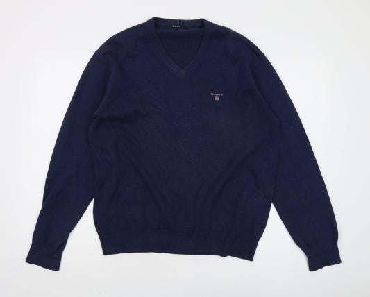 GANT Men's Blue V-Neck Pullover Jumper Medium