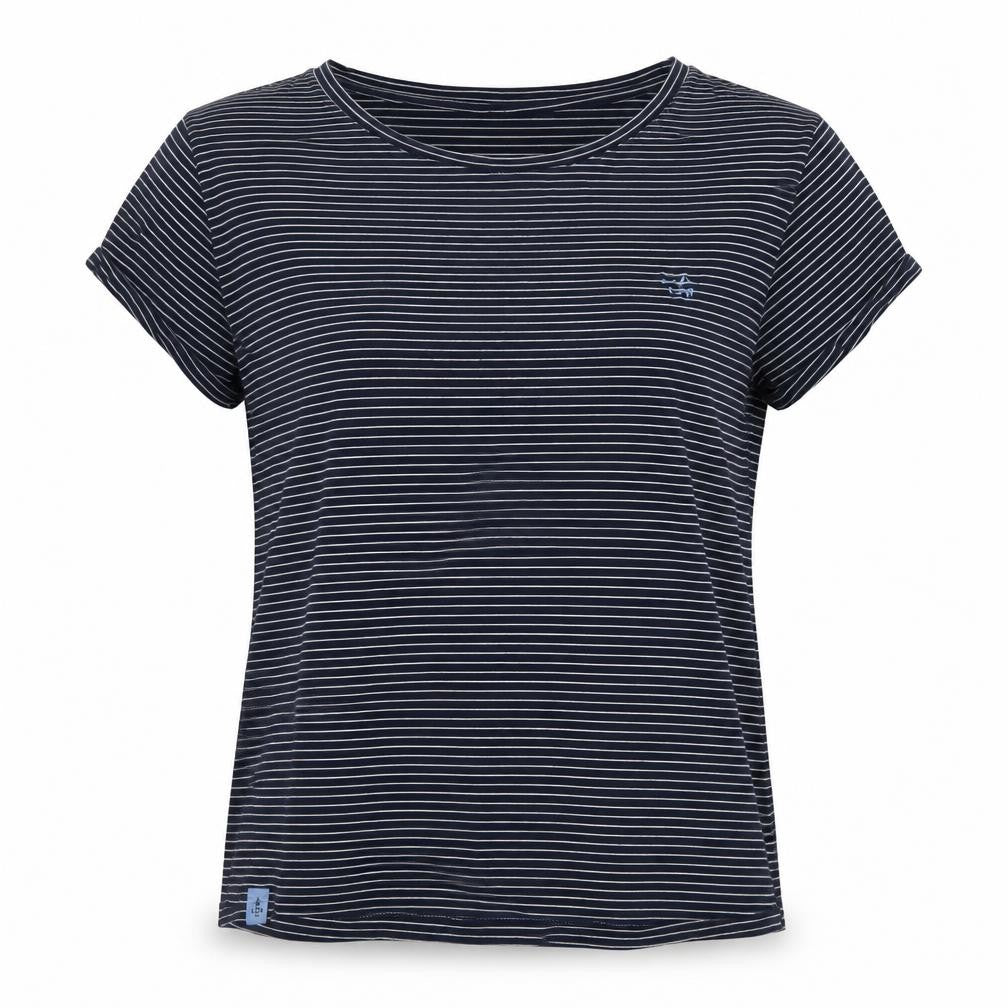 Front view of Lighthouse Women's Blue Striped T-Shirt, size 16