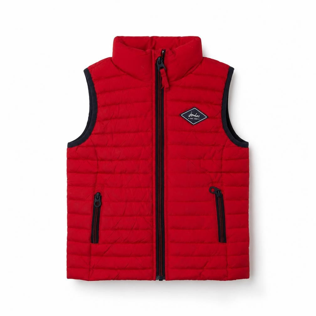 Front view of Joules boys’ red puffer jacket, 5 years, autumn/winter