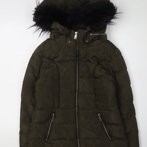 Parisian Women's Green Puffer Jacket Size 8, Hooded Fur Trim