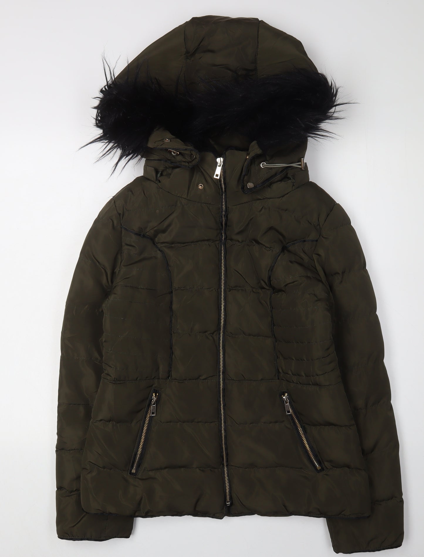 Parisian Women's Green Puffer Jacket Size 8, Hooded Fur Trim