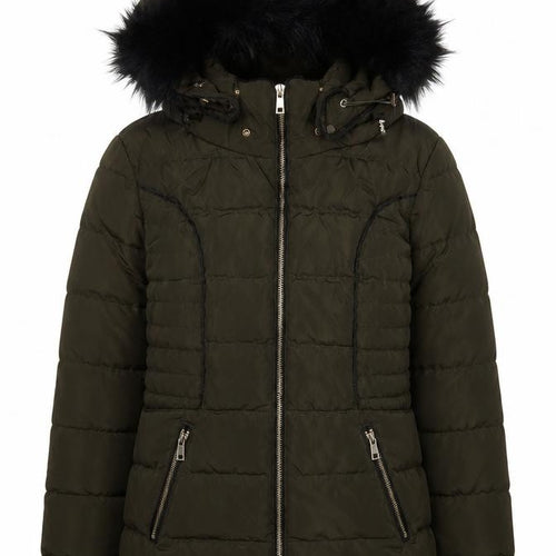 Parisian Women's Green Puffer Jacket Size 8, Hooded Fur Trim