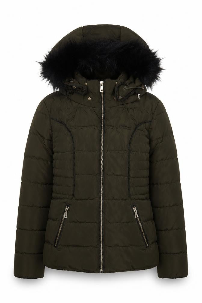 Parisian Women's Green Puffer Jacket Size 8, Hooded Fur Trim