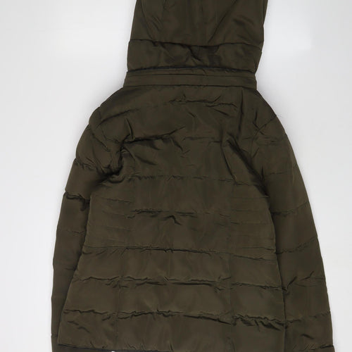 Parisian Women's Green Puffer Jacket Size 8, Hooded Fur Trim