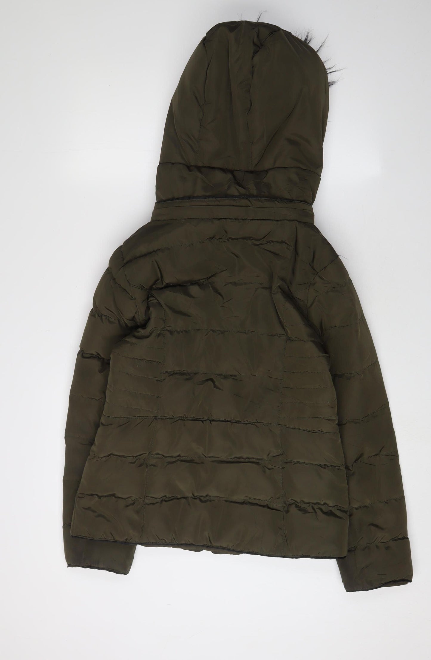 Parisian Women's Green Puffer Jacket Size 8, Hooded Fur Trim