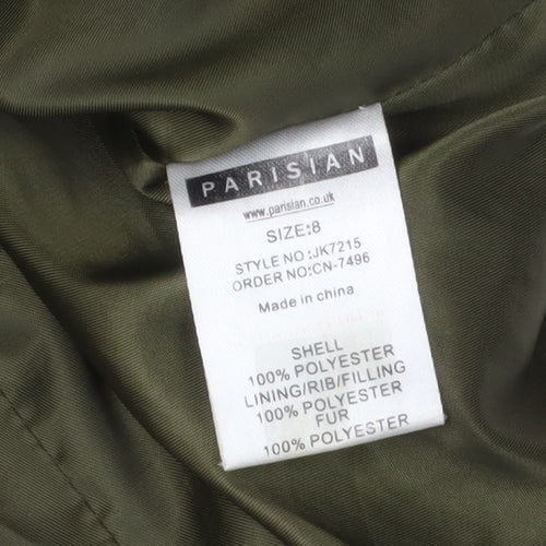 Parisian Women's Green Puffer Jacket Size 8, Hooded Fur Trim