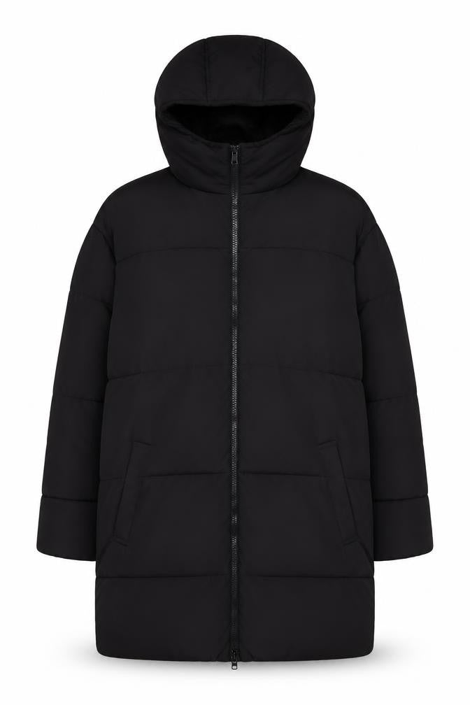 Front view of ASOS unisex black puffer jacket m long hooded insulated