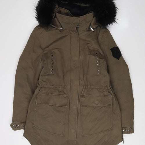 IKKS Women's Green Parka M Hooded Studded Casual