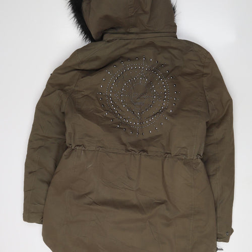 IKKS Women's Green Parka M Hooded Studded Casual