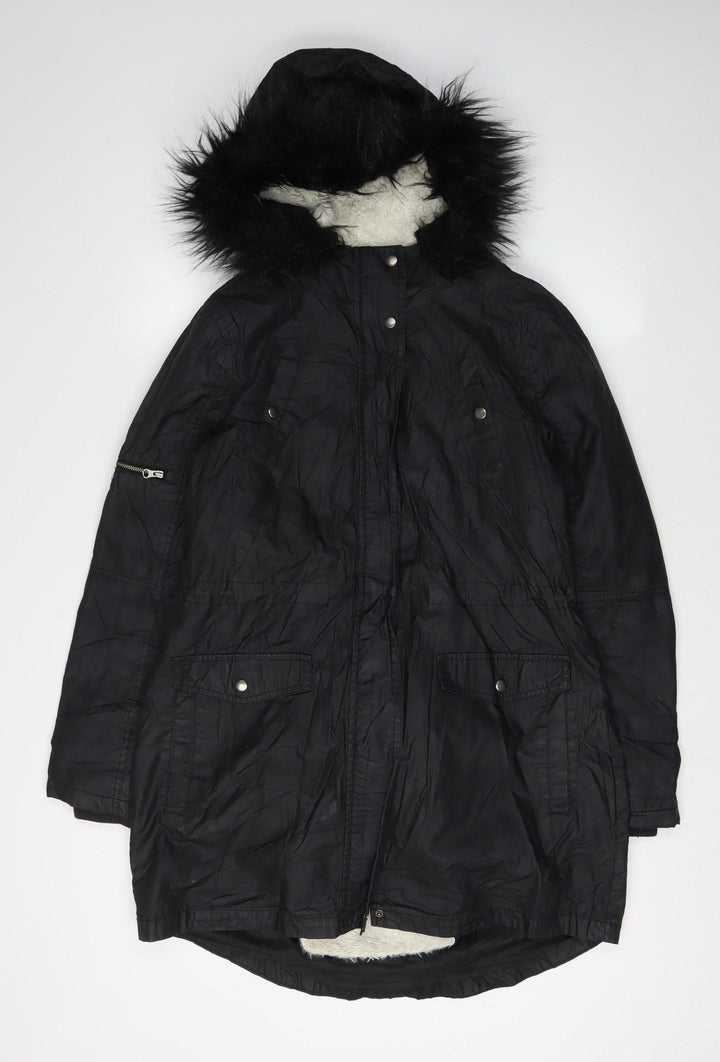 Oasis Women's Black Parka, Size S, Fur Trim Hood
